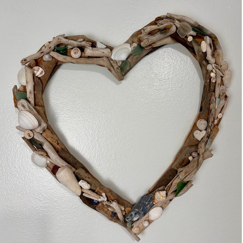 Handmade Driftwood Heart Wreath Seashell Sea Glass Coastal Beach Decor Rustic